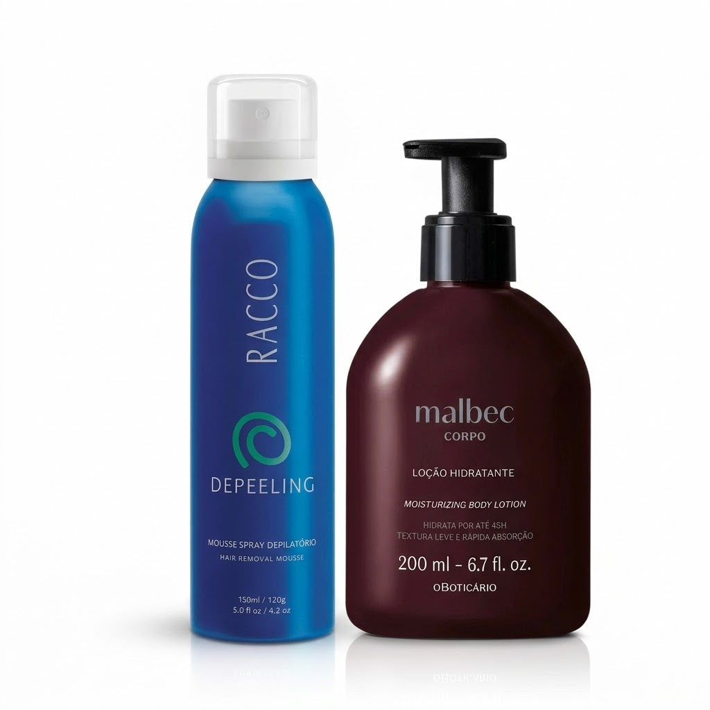 Racco Depeeling (Mousse Spray Depilatório) e Malbec Corpo (Loção Hidratante - O Boticário)